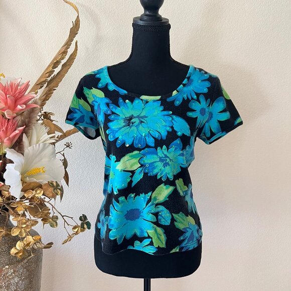 Deadstock Vivid Blue Sequin Floral Babytee Top Y2K 100% Cotton - Picture 3 of 8
